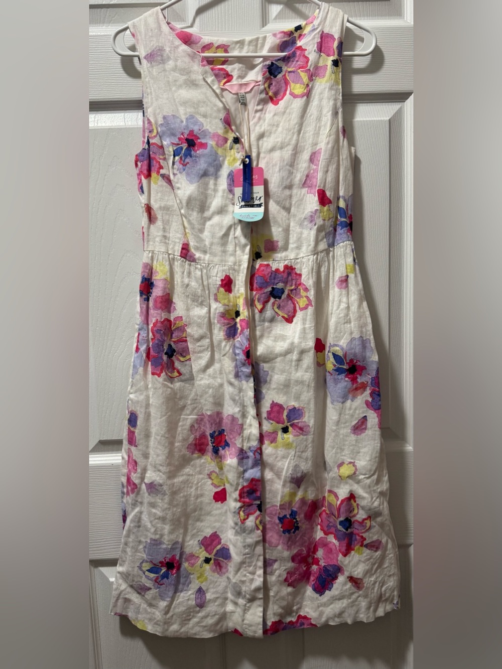 Joules White Dress with Pink Trim and Pink Floral Detail